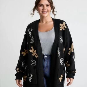 BloomChic Black Cardigan with Festive Patterns